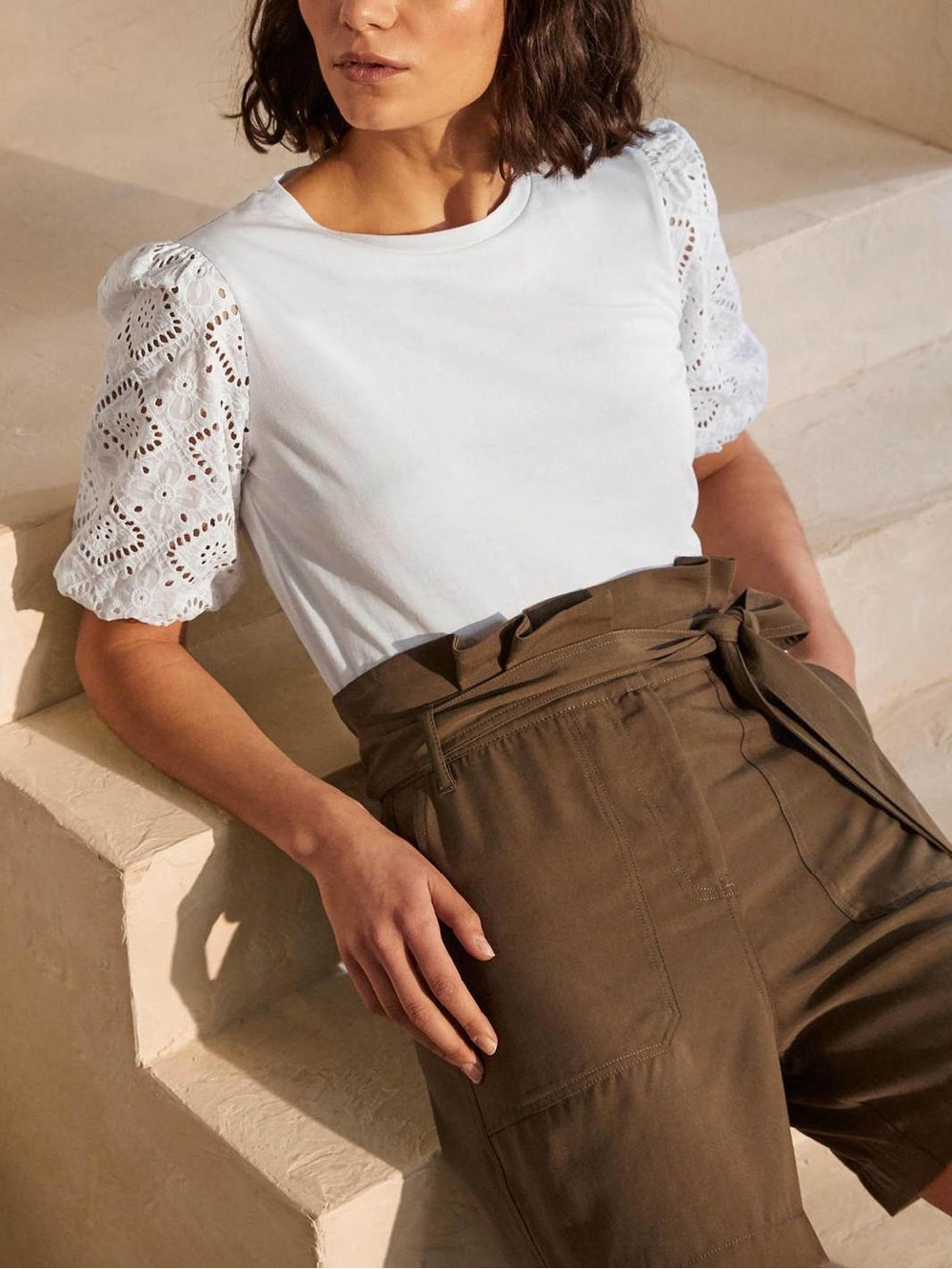 Boden Abigail White Eyelet Puff-Sleeve Cotton Tee